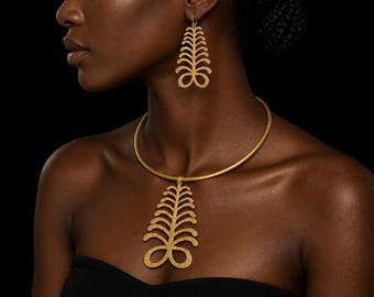 Aya African Brass Necklace and Matching Earrings Adinkra Symbol Jewelry Set.