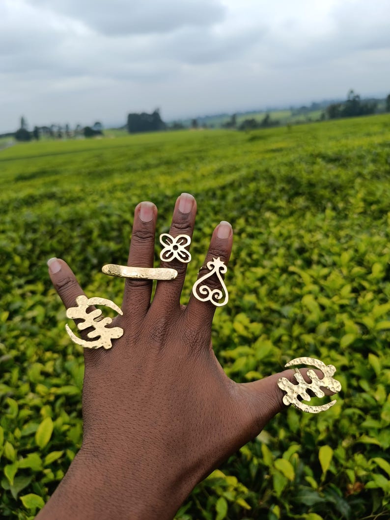 Set of 5 Adjustable Adinkra Brass Rings – African Brass Jewelry - Etsy