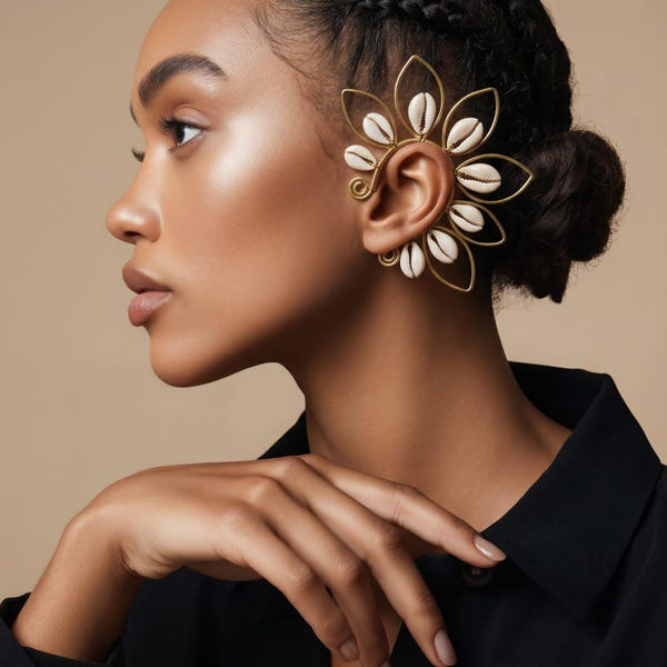 African Brass Cowrie Shell Ear Cuff Statement Earrings – Boho Jewelry