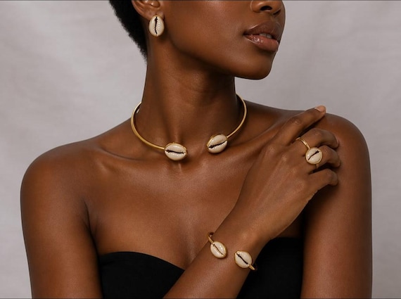 African Brass Necklace with Matching Bracelet, Ring and Earrings