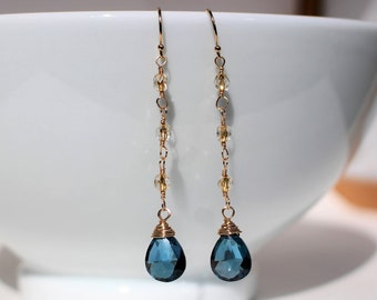 London Blue Quartz with Gold Lined Glass Beaded Drop Earrings