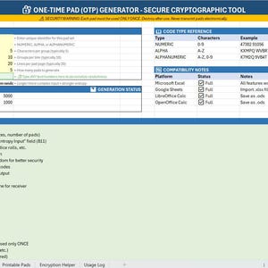 Puede incluir: Documento digital titulado "ONE-TIME PAD (OTP) GENERATOR - SECURE CRYPTOGRAPHIC TOOL". Presenta tablas con configuraciones, referencias de tipo de código y notas de compatibilidad. También se incluyen instrucciones y pautas de seguridad.