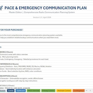 May include: A digital document titled "PACE & Emergency Communication Plan" with a blue header. The document includes sections on emergency communication, frequency references, security, and encryption. The document is dated April 2026.