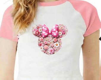 Floral Mickey Baby Tee, Cute Pink Bow Shirt, Coquette Graphic Tee, Y2K Aesthetic Crop Top, Retro Cartoon Inspired Baby Tee