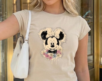 Retro Minnie Baby Tee, Y2K Minnie Mouse Crop Top, Raglan Baby Tee, Cute Cartoon Graphic Tee, Coquette Aesthetic Shirt