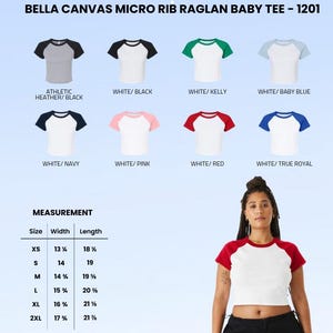 May include: A variety of Bella Canvas Micro Rib Raglan Baby Tees in different color combinations, including white with black, navy, pink, red, and blue sleeves. The image also includes a size chart with measurements in inches.