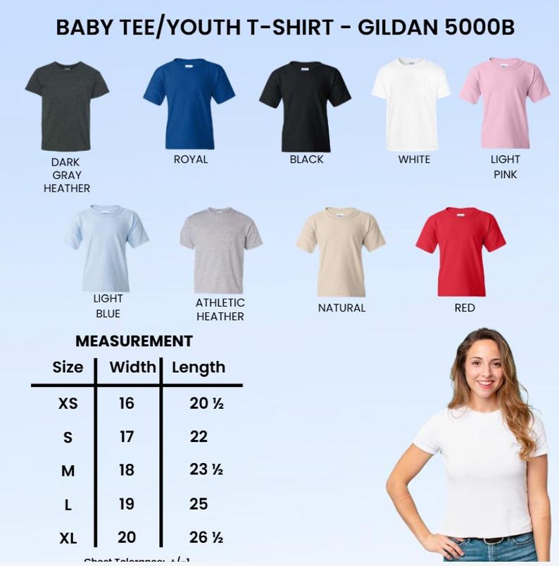 May include: A selection of Gildan 5000B baby and youth t-shirts in various colors, including dark gray, royal blue, black, white, light pink, light blue, athletic heather, natural, and red. Measurements are provided for sizes XS to XL, with widths from 16 to 20 inches and lengths from 20.5 to 26.5 inches.