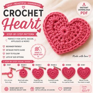 May include: A step-by-step crochet heart pattern with a finished pink heart. The image includes instructions, the words "CROCHET Heart", and "Instant Download PDF". The pattern is beginner-friendly and perfect for gifts.