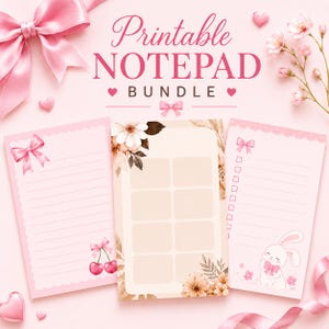 May include: A printable notepad bundle featuring three distinct stationery sheets. One sheet has pink lines and a cherry illustration, another has a grid of eight rectangular boxes with floral accents, and the third has a checklist with a rabbit graphic.