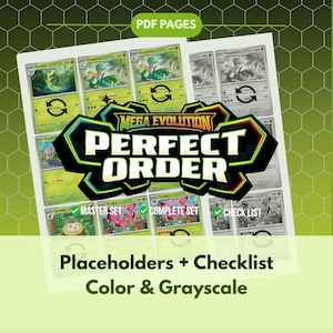 May include: A sheet of trading card placeholders and checklist, featuring color and grayscale designs. The cards display various characters and the text "MEGA EVOLUTION PERFECT ORDER". Additional text includes "MASTER SET", "COMPLETE SET", and "CHECK LIST".