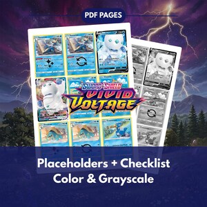 以下が含まれることがあります： ソード＆シールドVivid Voltageセットのポケモンカードをフィーチャーしたデジタルプリント。画像には、カードのカラーバージョンとグレースケールバージョンが含まれており、上部に「PDF PAGES」、下部に「Placeholders + Checklist Color & Grayscale」というテキストがあります。