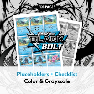 Puede incluir: Páginas de juego de cartas coleccionables en color y escala de grises. Las cartas muestran varios personajes y el texto "Scarlet & Violet Black Bolt". También son visibles las palabras "PDF PAGES", "Placeholders + Checklist" y "Color & Grayscale".