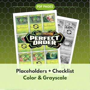 May include: Trading card game pages in colour and grayscale. The cards feature various creatures and the text "PDF PAGES", "MEGA EVOLUTION", "PERFECT ORDER", "Placeholders + Checklist", and "Color & Grayscale".