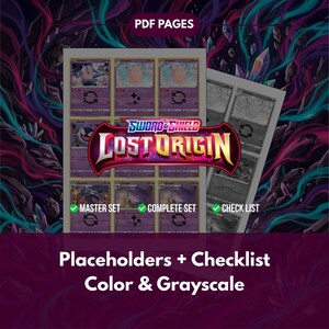 Könnte beinhalten: Ein digitales PDF mit Platzhaltern und Checklisten für Pokémon-Sammelkarten. Das Bild zeigt Farb- und Graustufenversionen der Karten mit dem Logo "Sword & Shield: Lost Origin". Der Text enthält "Master Set", "Complete Set" und "Check List".