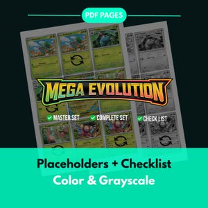 Könnte beinhalten: Ein Bogen mit Platzhaltern und Checklisten für Sammelkarten, mit Farb- und Graustufen-Designs. Das Logo "MEGA EVOLUTION" ist prominent dargestellt, mit Texten wie "MASTER SET", "COMPLETE SET" und "CHECK LIST". Oben auf dem Bogen steht "PDF PAGES".