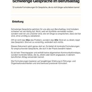 Puede incluir: Documento blanco con texto negro titulado "Conversaciones difíciles en el trabajo". El texto incluye una introducción y ofrece 12 formulaciones concretas para conversaciones que ya no puedes posponer.