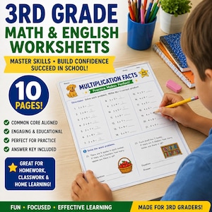 May include: A 3rd grade math and English worksheet set featuring multiplication facts, word problems, and a cartoon dog illustration. The page includes numbered math problems, blank lines for answers, and colorful graphics on white paper.