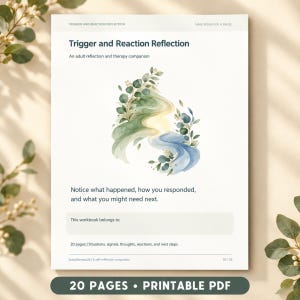 May include: A printable workbook titled Trigger and Reaction Reflection, an adult reflection and therapy companion. The page features a watercolor illustration of green and blue flowing shapes with leaves, text prompts, and a space for a name.