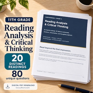 Może przedstawiać: Stos białych dokumentów papierowych zatytułowany Reading Analysis & Critical Thinking dla klasy 11. Strona tytułowa zawiera ciemnoniebieski prostokątny blok z białym tekstem opisującym 20 tekstów i 20 arkuszy ćwiczeń.