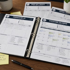 May include: A black three-ring binder containing printed legal documentation forms, including a Communication Log and a Visitation Calendar. Additional loose sheets labeled Court Date Tracker and Expense Tracker are visible alongside a yellow sticky note.