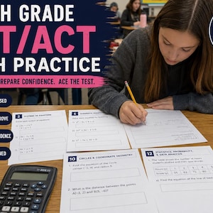 Puede incluir: Un conjunto de hojas de ejercicios de matemáticas de 11th Grade SAT/ACT con 15 páginas y 5 páginas de actividades. Los documentos incluyen secciones sobre sistemas de ecuaciones, ecuaciones cuadráticas, círculos, geometría y estadística.