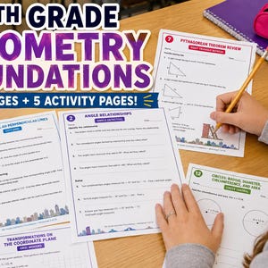 May include: A set of 9th Grade Geometry Foundations worksheets featuring 15 pages and 5 activity pages. The documents include lessons on parallel and perpendicular lines, angle relationships, the Pythagorean theorem, and circles with radius and area.