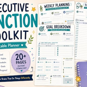 Peut inclure: Un ensemble de planificateurs imprimables Executive Function Toolkit comprenant des pages pour la planification hebdomadaire, la gestion du temps et la décomposition des objectifs. Les documents incluent des sections pour les tâches et les habitudes.