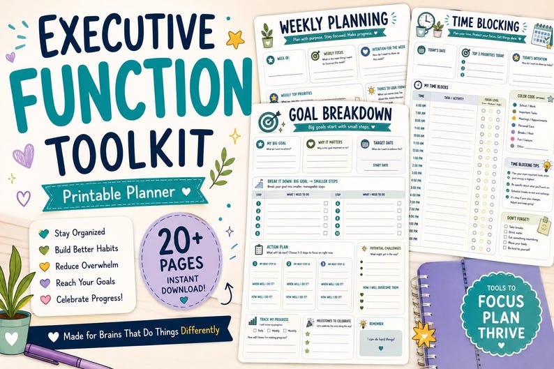 May include: An Executive Function Toolkit printable planner set featuring pages for weekly planning, time blocking, and goal breakdown. The documents include sections for tasks, priorities, and habits, with colorful icons and text on a light background.