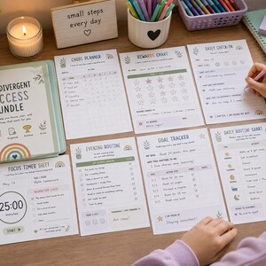 May include: A Neurodivergent Success Bundle planner set featuring a binder, chore planner, rewards chart, daily check-in, focus timer sheet, evening routine, goal tracker, and daily routine chart with pastel rainbow and botanical illustrations.
