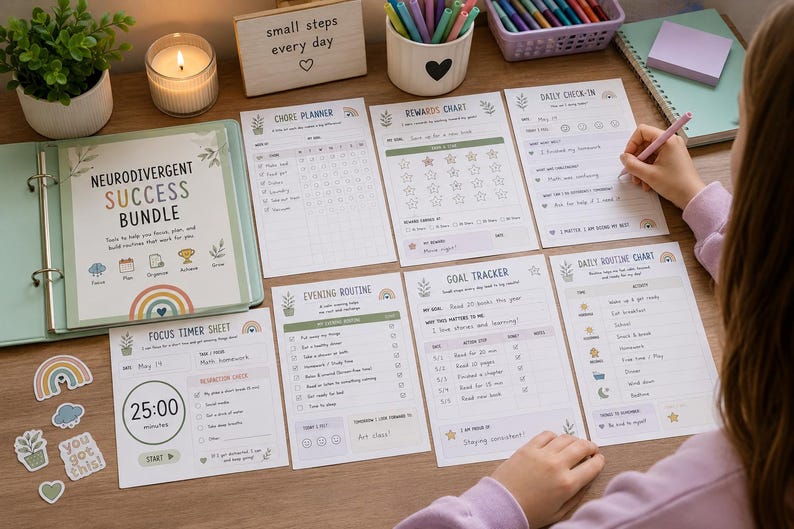 May include: A Neurodivergent Success Bundle planner set featuring a binder, chore planner, rewards chart, daily check-in, focus timer sheet, evening routine, goal tracker, and daily routine chart with pastel rainbow and botanical illustrations.