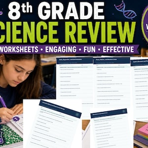 Op de afbeelding: Een 8th Grade Science Review educatief hulpmiddel met 20 werkbladen, inclusief 15 herhalingspagina's en 5 activiteitenpagina's. De tekst bevat titels zoals Cells, Organelles, and Cell Processes, Force, Motion, and Newton's Laws en Earth's Structure.