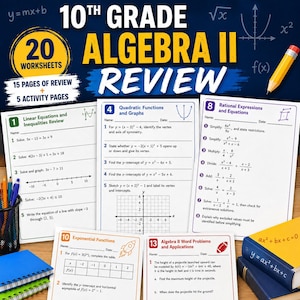 May include: A collection of 20 Algebra II worksheets featuring 15 pages of review and 5 activity pages. The documents include math problems on linear equations, quadratic functions, rational expressions, and exponential functions with a yellow pencil.