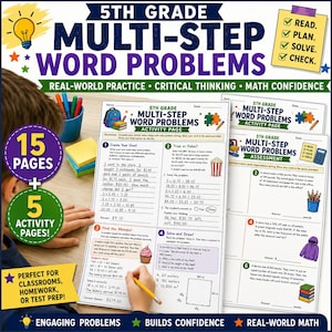Könnte beinhalten: Ein 5.-Klasse-Lehrmaterialset für mehrstufige Textaufgaben mit Arbeitsblättern und Tests, das mathematische Aufgaben, Text und farbige Illustrationen von Schulmaterialien wie Stiften, einem Rucksack und einem Taschenrechner auf weißem Papier enthält.