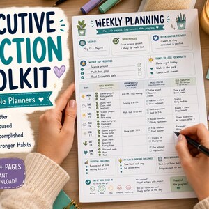 May include: A weekly planning sheet titled Executive Function Toolkit with sections for weekly focus, priorities, appointments, and self-care. The page features colorful icons, checkboxes, and text fields. Two sticky notes with handwritten text are nearby.