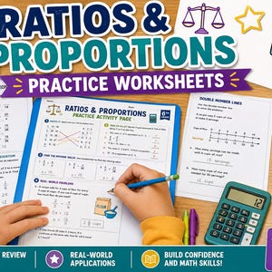 May include: A set of 6th grade math practice worksheets titled Ratios & Proportions, featuring 15 practice pages and 5 activity pages for a total of 20 pages. The materials include math problems, a calculator, and illustrations of a scale and flour.