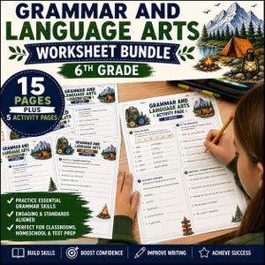 Peut inclure: Un ensemble de fiches d'exercices de grammaire et de langue pour la 6e année, comprenant 15 pages plus 5 pages d'activités. Les feuilles imprimées incluent des exercices sur les mots, les phrases et le style, illustrés sur le thème du camping.