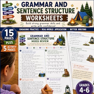 Peut inclure: Fiches d'exercices de grammaire et de structure de phrases pour les niveaux 4-6 avec des illustrations sur le thème du camping. Les pages éducatives incluent des exercices de ponctuation, de nature des mots et d'expansion de phrases.