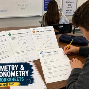 May include: A student sits at a desk completing geometry and trigonometry worksheets. The papers feature maths problems including angle relationships, circle theorems, sine, cosine, tangent, and the Pythagorean theorem with various diagrams.