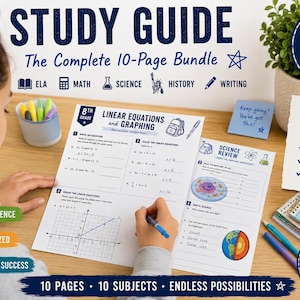 May include: An 8th grade study guide bundle featuring 10 pages of educational content. The printed sheets include maths problems on linear equations and graphing, science review with cell and earth diagrams, and text headers for ELA, maths, science, history, and writing.