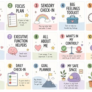 May include: A set of fifteen square cards featuring pastel illustrations and text. Each card is numbered one through fifteen and includes titles such as Calm Tools, Focus Plan, Sensory Check-In, Big Feelings Toolkit, Visual Schedule, and Energy Tracker.