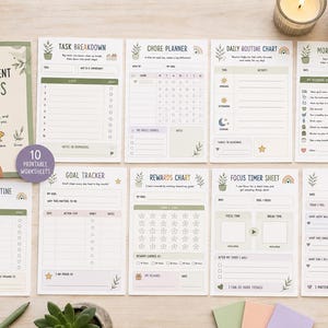 May include: A Neurodivergent Success Bundle featuring 10 printable worksheets with soft green, beige, and rainbow accents. The set includes a task breakdown, chore planner, daily routine chart, morning routine, evening routine, goal tracker, rewards chart, focus timer sheet, and daily check-in, all with organised sections and checkboxes.