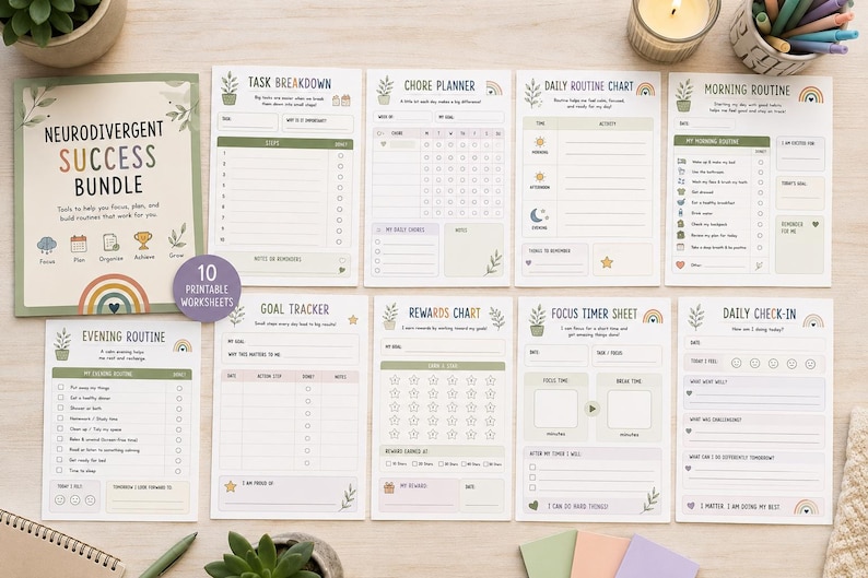 May include: A Neurodivergent Success Bundle featuring 10 printable worksheets with soft green, beige, and rainbow accents. The set includes a task breakdown, chore planner, daily routine chart, morning routine, evening routine, goal tracker, rewards chart, focus timer sheet, and daily check-in, all with organised sections and checkboxes.