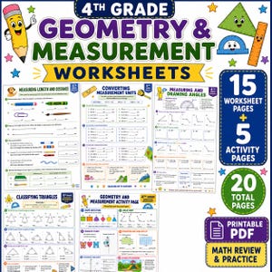May include: A collection of 4th grade geometry and measurement worksheets featuring colorful cartoon school supplies. The set includes 15 worksheet pages and 5 activity pages, totaling 20 printable PDF pages for math review and practice.