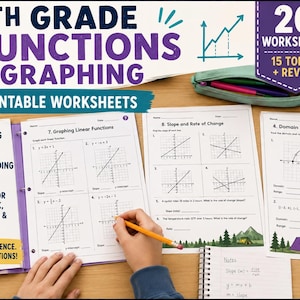 May include: A set of 9th grade functions and graphing worksheets featuring 20 printable pages. The documents include math problems on linear functions, slope, rate of change, domain, and range, with graphic illustrations of coordinate planes.