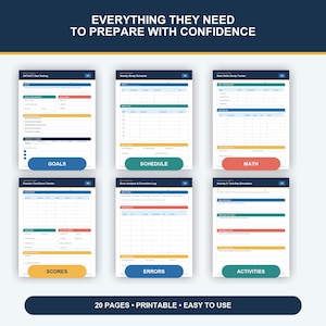 May include: A set of six printable study planner pages with the text EVERYTHING THEY NEED TO PREPARE WITH CONFIDENCE and 20 PAGES • PRINTABLE • EASY TO USE. The pages include sections for goals, weekly schedules, math tracking, scores, errors, and activities.
