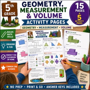 May include: A 5th grade geometry, measurement, and volume activity workbook featuring 15 pages plus 5 bonus pages. The pages include math problems on perimeter, line plots, classifying triangles, nets and solids, and real-world volume applications.