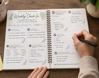May include: A spiral-bound therapy session companion journal open to a weekly check-in page. The page features sections for highlights, challenges, emotions, self-care, progress, and intentions, with handwritten notes in black ink throughout the layout.