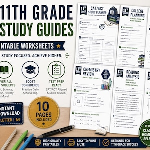 May include: A collection of 11th grade study guides featuring 10 printable worksheets for SAT/ACT planning, college preparation, U.S. history, chemistry, reading analysis, and trigonometry. The set includes digital files for instant download in PDF format.