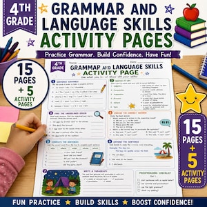 May include: A 4th grade grammar and language skills activity worksheet featuring seven exercises including sentence scrambles, matching definitions, error identification, multiple choice questions, sentence completion, and a paragraph writing prompt.