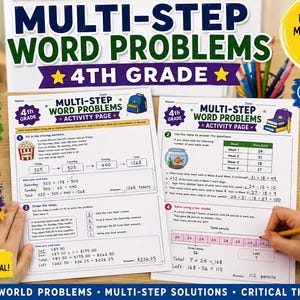 May include: Two white 4th grade multi-step word problem activity pages featuring maths exercises, tables, and bar models. The pages include text such as Multi-Step Word Problems, Activity Page, and various maths equations with handwritten answers in pencil.